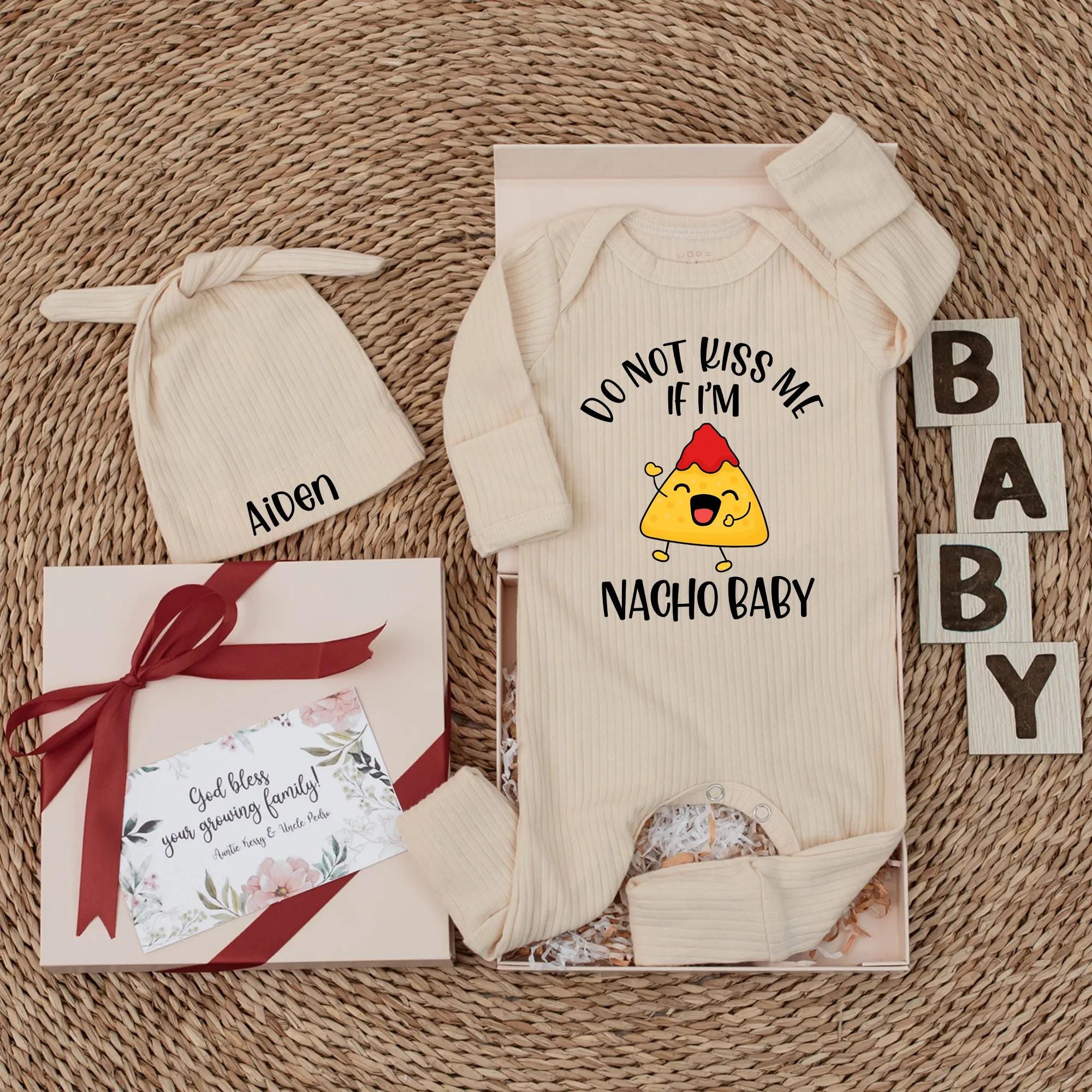 Custom Nacho Baby Bodysuit Smiling Chip Design Fun Infant Romper Soft Cotton Outfit Vibrant Yellow Red Salsa Cute Newborn Gift
