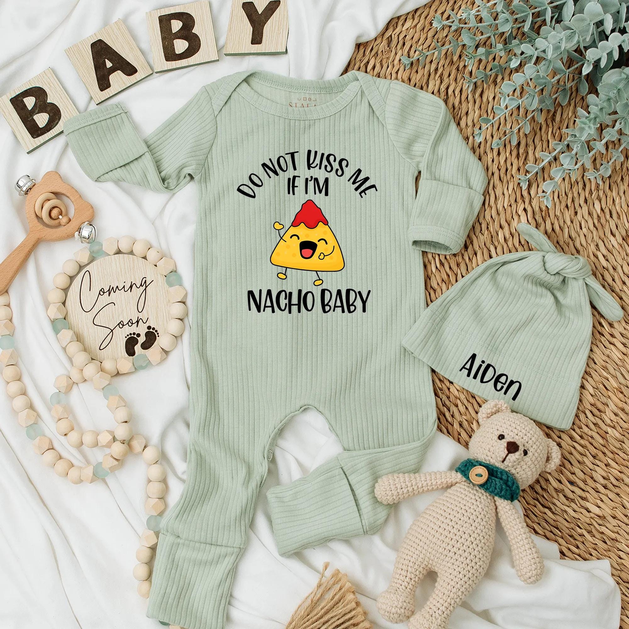Custom Nacho Baby Bodysuit Smiling Chip Design Fun Infant Romper Soft Cotton Outfit Vibrant Yellow Red Salsa Cute Newborn Gift