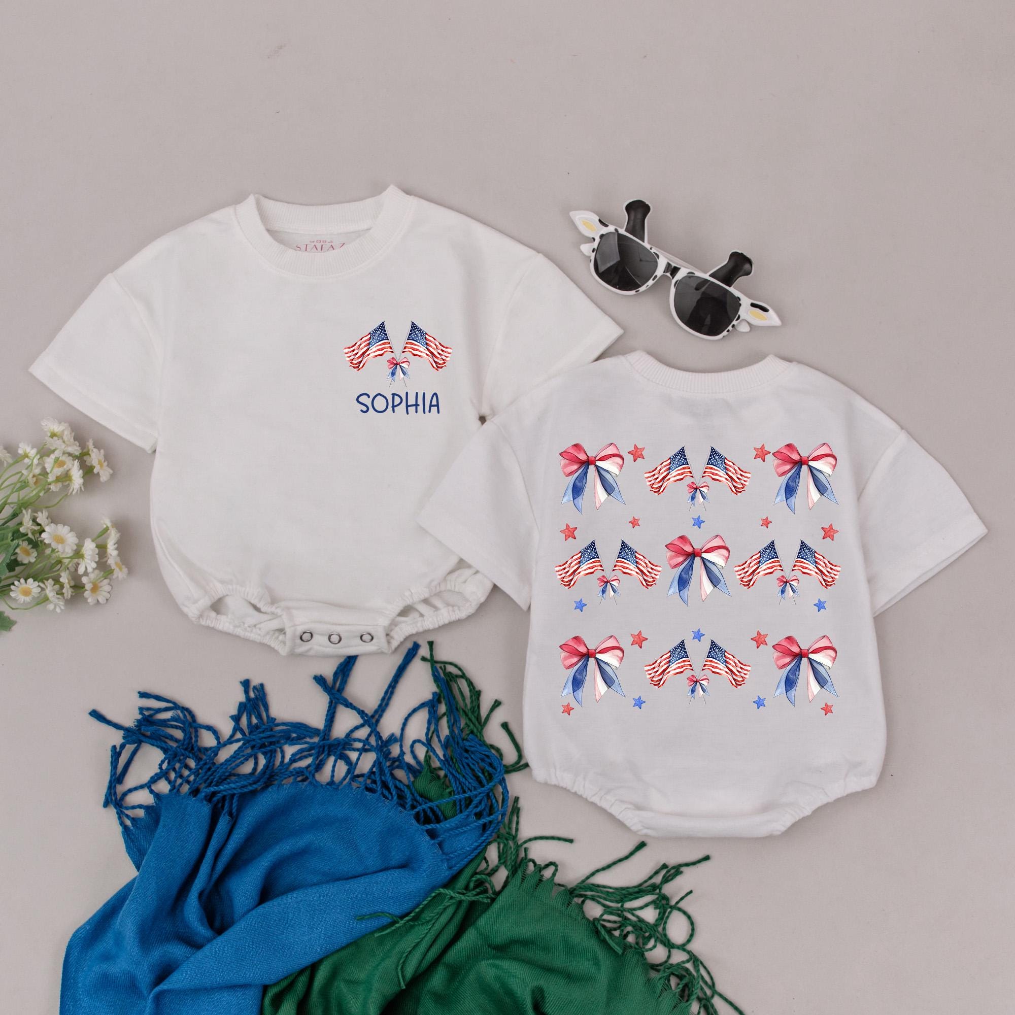 Custom Name 4th of July Baby Girl Romper Patriotic Bow Stars Stripes Infant Clothes Festive Red White Blue Outfit for Holiday Celebration