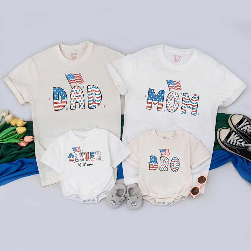 Custom Name 4th of July Patriotic Family Shirt with American Flag Design, Matching Holiday Outfit for Baby, Toddler, Kids, Adults, Soft Cotton