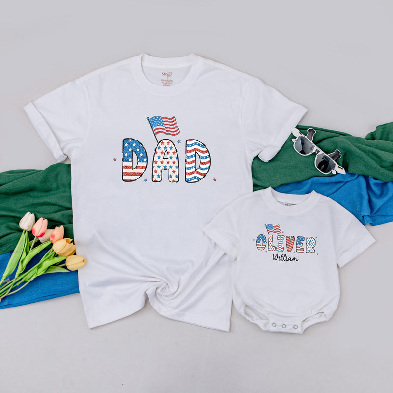 Custom Name 4th of July Patriotic Family Shirt with American Flag Design, Matching Holiday Outfit for Baby, Toddler, Kids, Adults, Soft Cotton