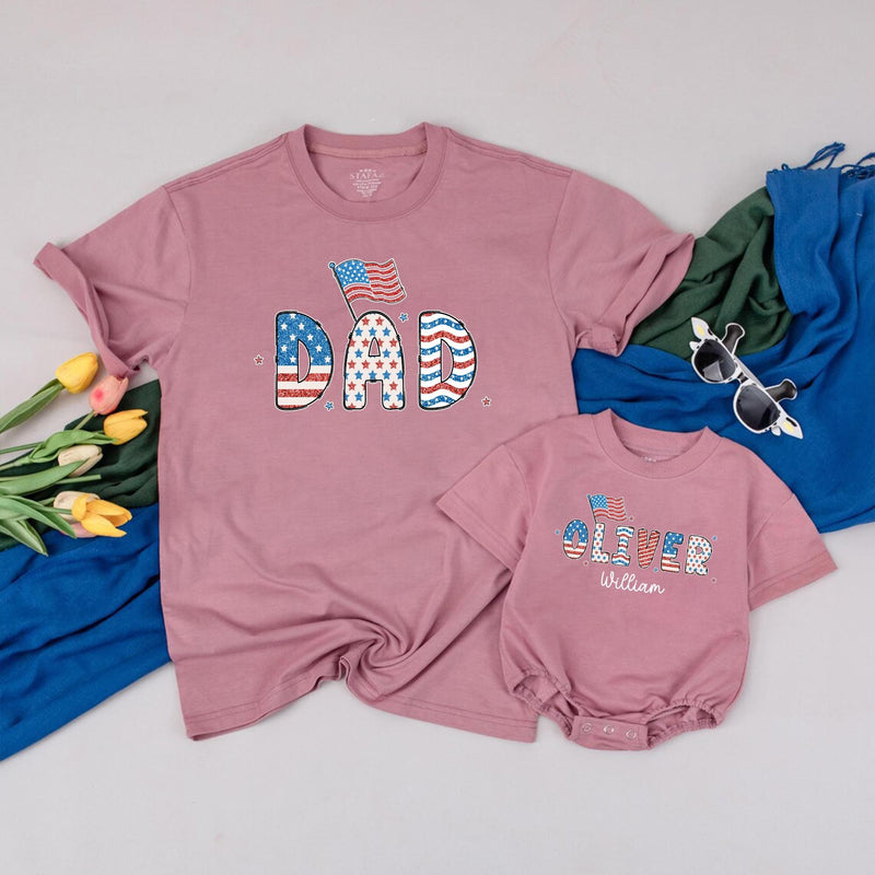 Custom Name 4th of July Patriotic Family Shirt with American Flag Design, Matching Holiday Outfit for Baby, Toddler, Kids, Adults, Soft Cotton