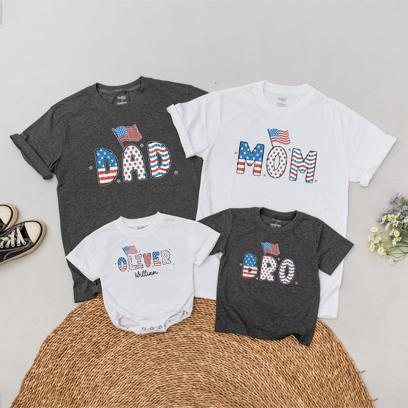 Custom Name 4th of July Patriotic Family Shirt with American Flag Design, Matching Holiday Outfit for Baby, Toddler, Kids, Adults, Soft Cotton