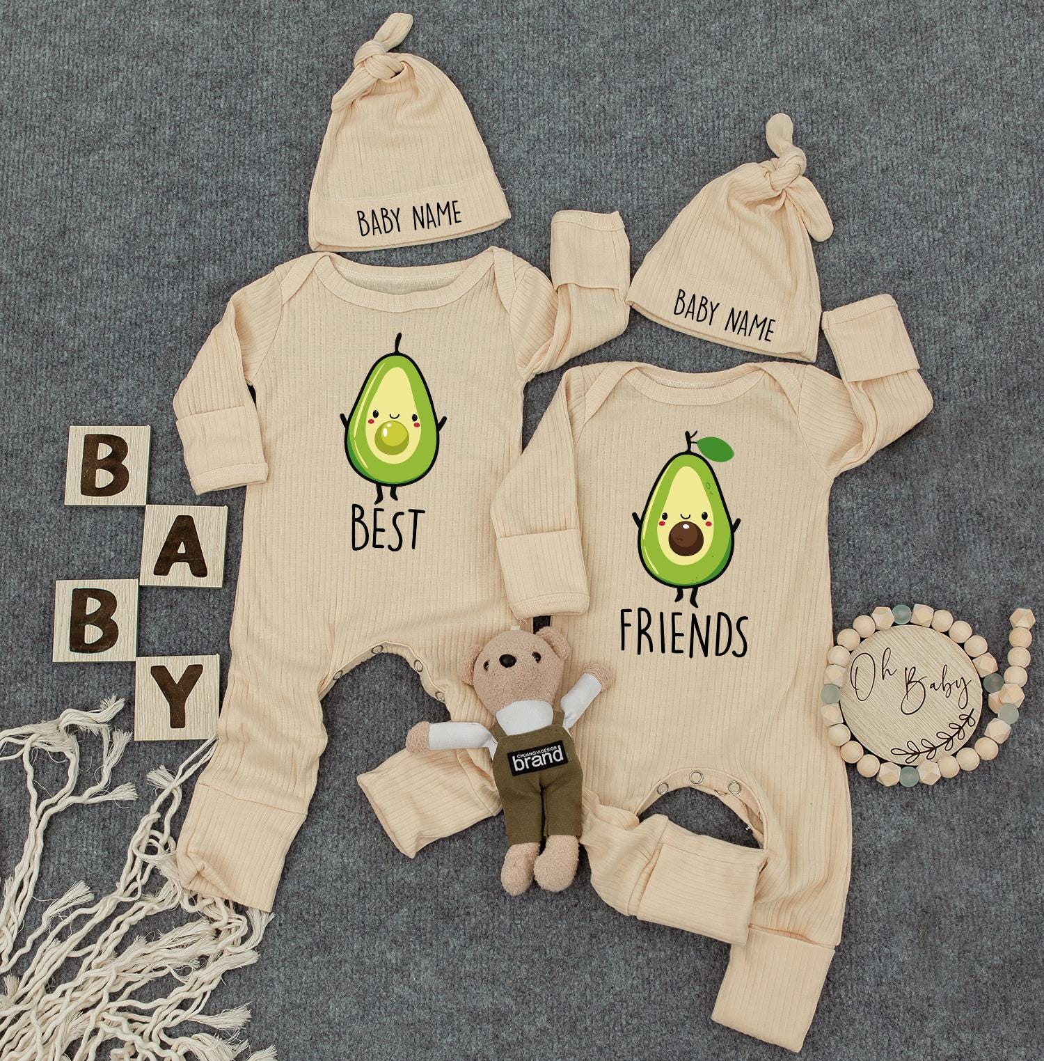 Custom Name Avocado Best Friends Twin Baby Romper Cute Newborn Outfit Gift Soft Cotton Hat Personalized Toddler Boy Girl Funny Design