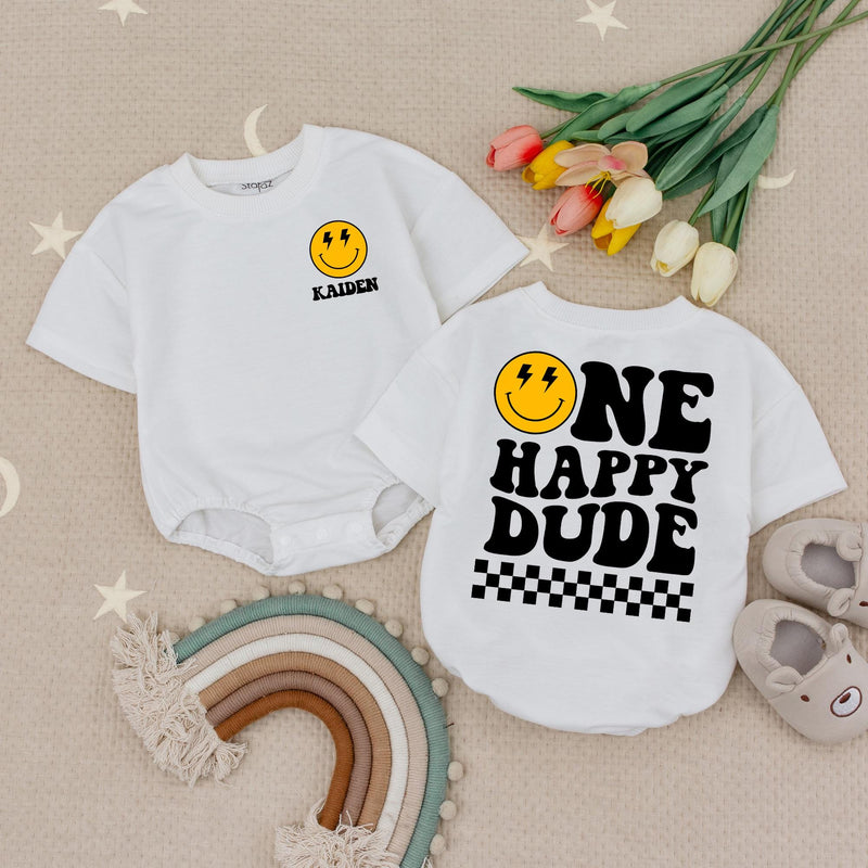 Custom Name Baby Birthday Romper Smiley Face Outfit First Celebration One Happy Dude Cotton Comfortable Party Attire