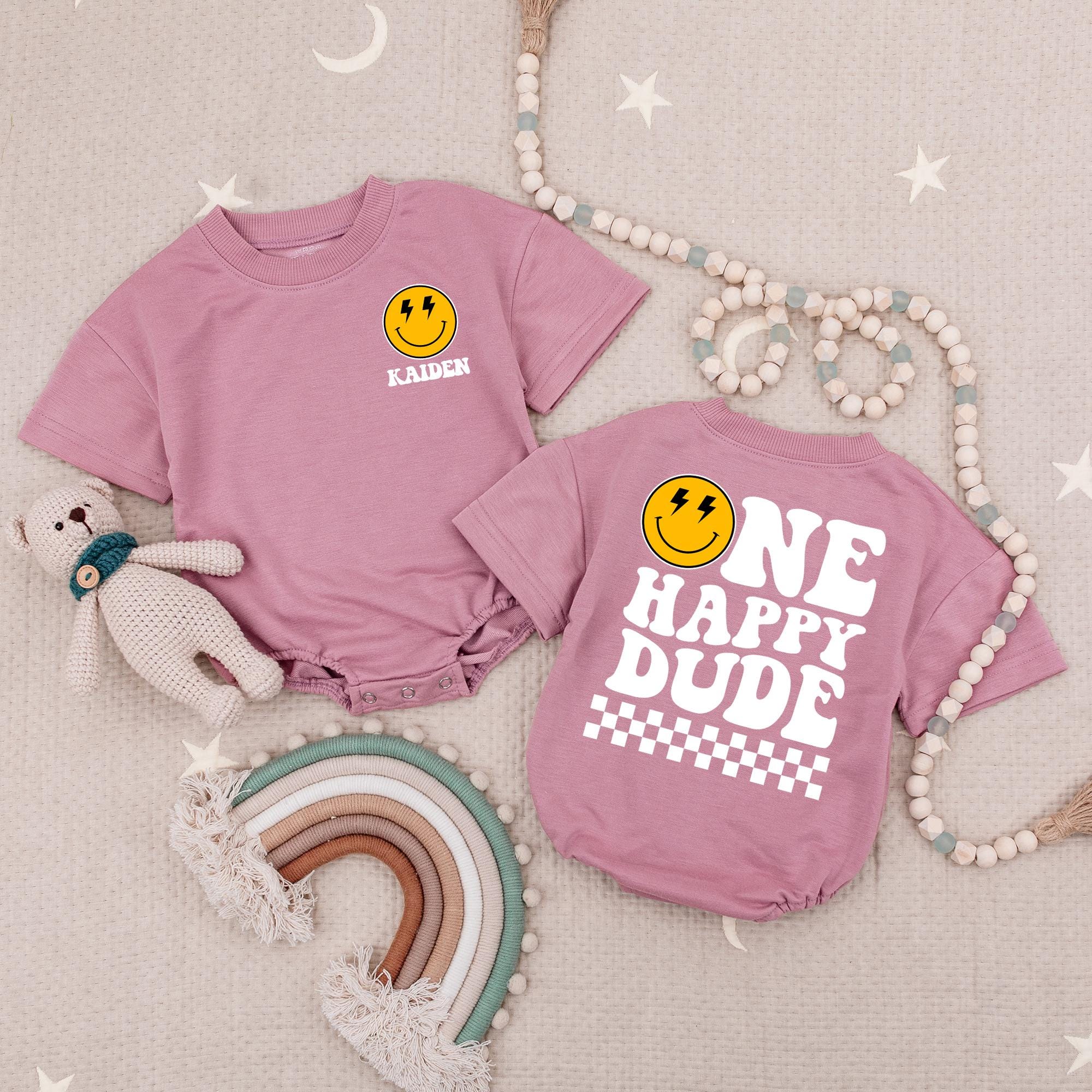 Custom Name Baby Birthday Romper Smiley Face Outfit First Celebration One Happy Dude Cotton Comfortable Party Attire