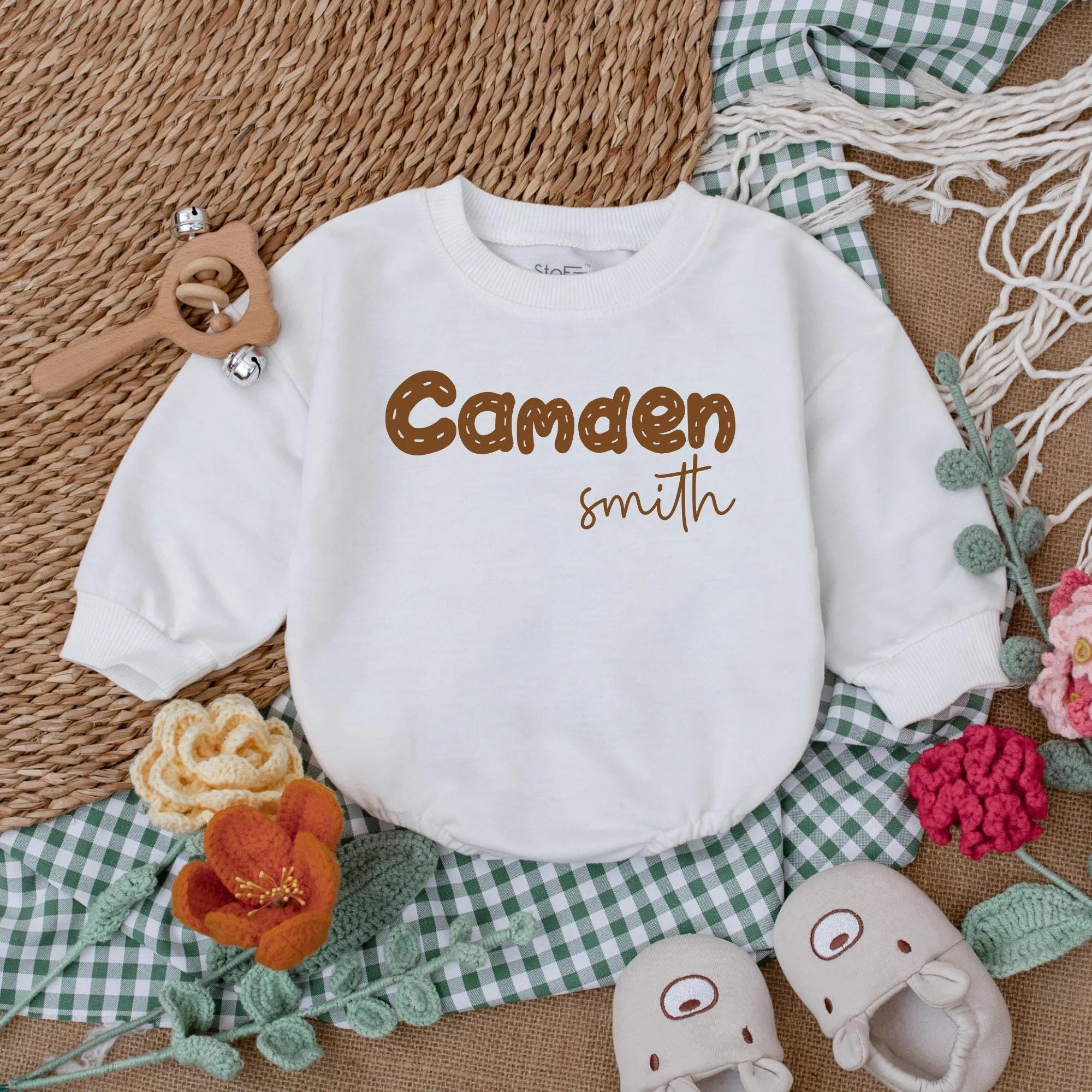 Custom Name Baby Boy Romper Playful Brown Polka Dot Camden Smith Design Newborn Bodysuit Perfect Baby Shower Gift Cotton Soft Comfort