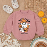 Custom Name Baby Ghost Romper Cozy Halloween Outfit with Pumpkin and Bats Cute Infant Holiday Gift Comfortable Cotton Romper