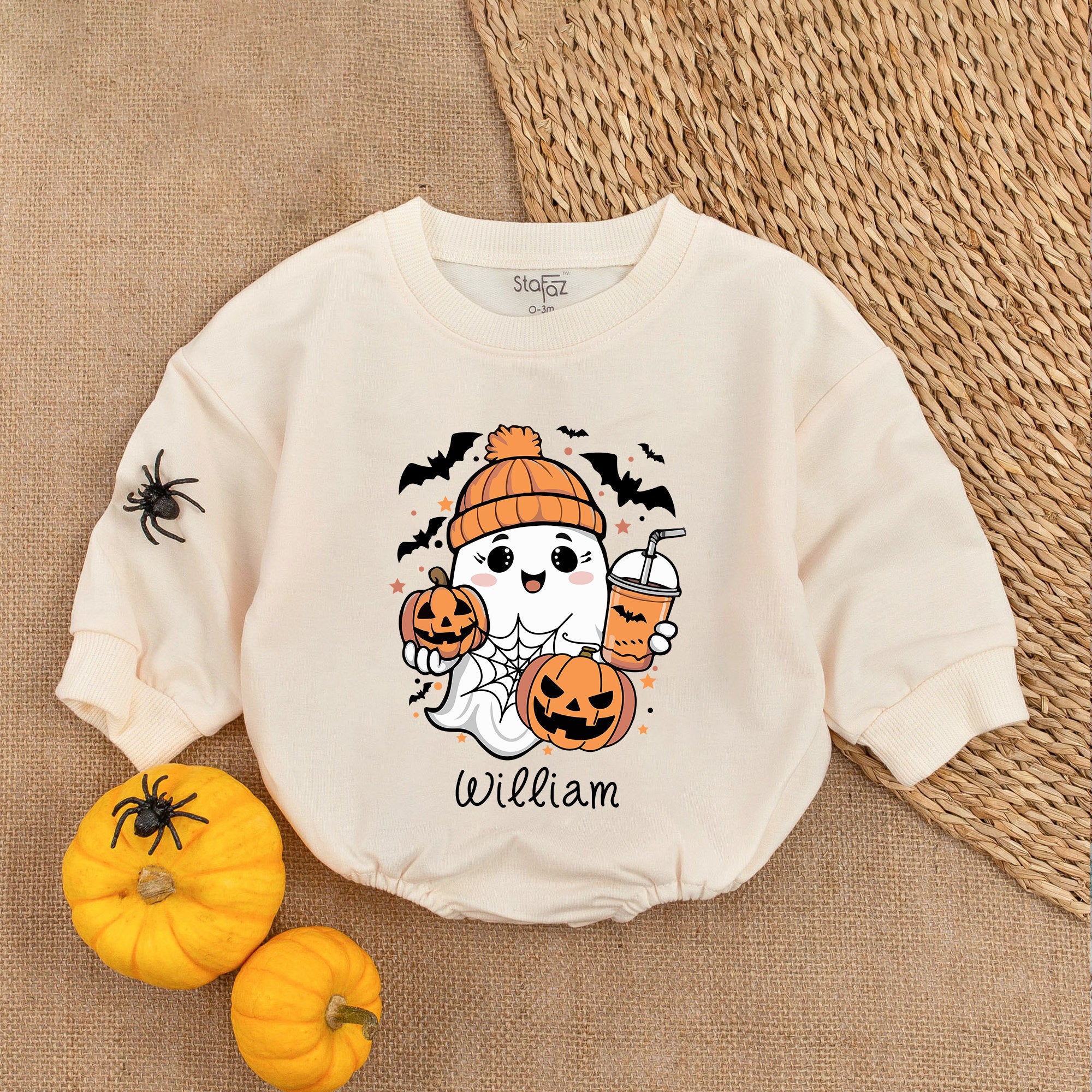 Custom Name Baby Ghost Romper Cozy Halloween Outfit with Pumpkin and Bats Cute Infant Holiday Gift Comfortable Cotton Romper