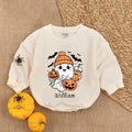 Custom Name Baby Ghost Romper Cozy Halloween Outfit with Pumpkin and Bats Cute Infant Holiday Gift Comfortable Cotton Romper