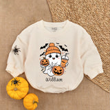 Custom Name Baby Ghost Romper Cozy Halloween Outfit with Pumpkin and Bats Cute Infant Holiday Gift Comfortable Cotton Romper