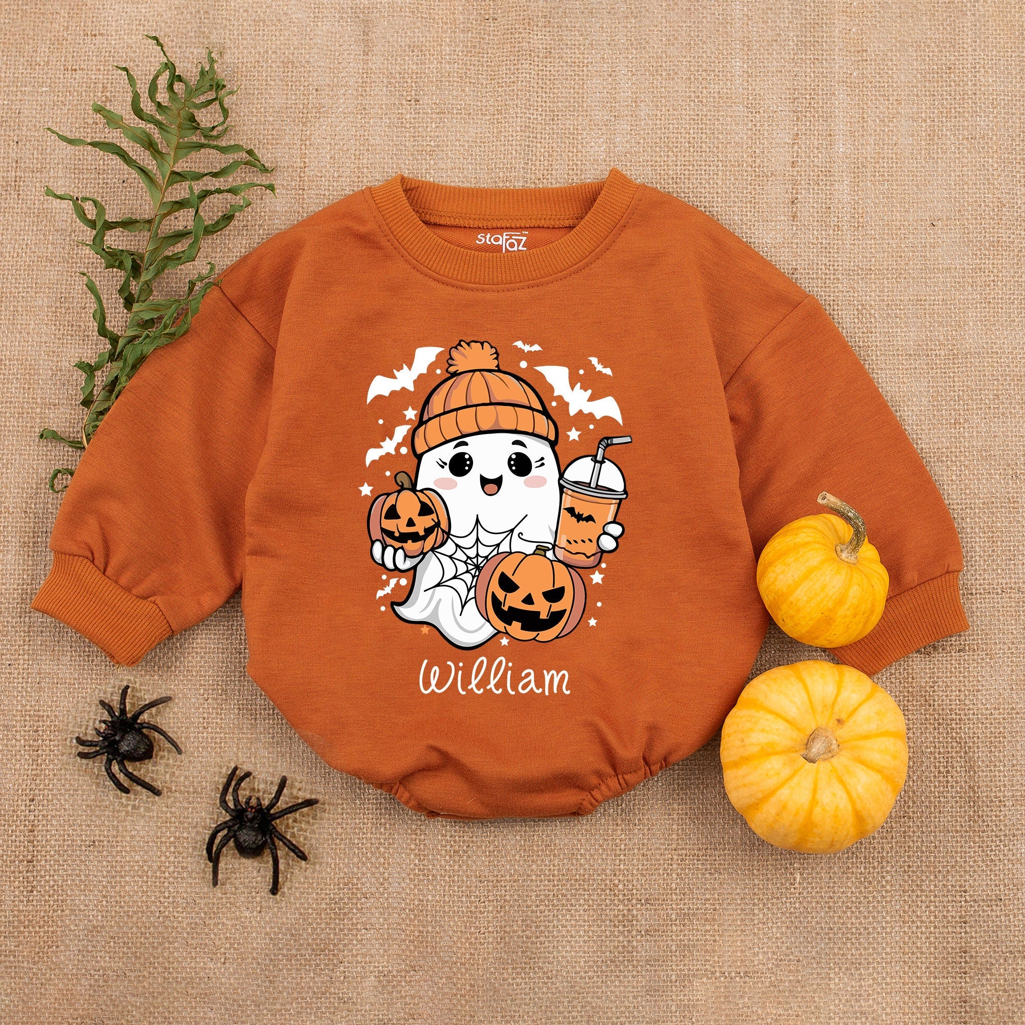 Custom Name Baby Ghost Romper Cozy Halloween Outfit with Pumpkin and Bats Cute Infant Holiday Gift Comfortable Cotton Romper