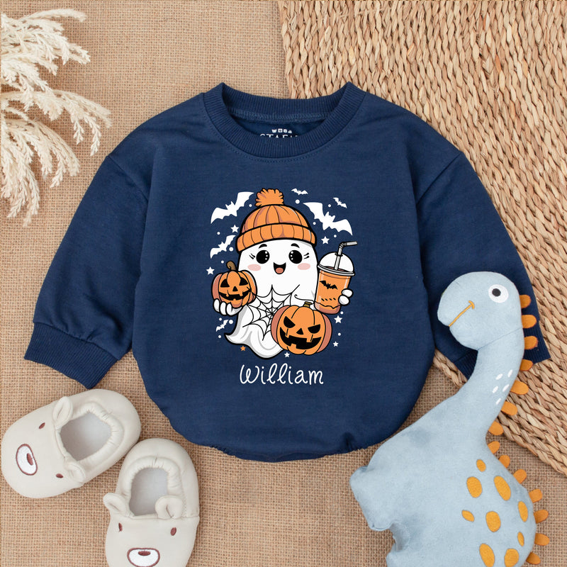 Custom Name Baby Ghost Romper Cozy Halloween Outfit with Pumpkin and Bats Cute Infant Holiday Gift Comfortable Cotton Romper