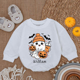 Custom Name Baby Ghost Romper Cozy Halloween Outfit with Pumpkin and Bats Cute Infant Holiday Gift Comfortable Cotton Romper