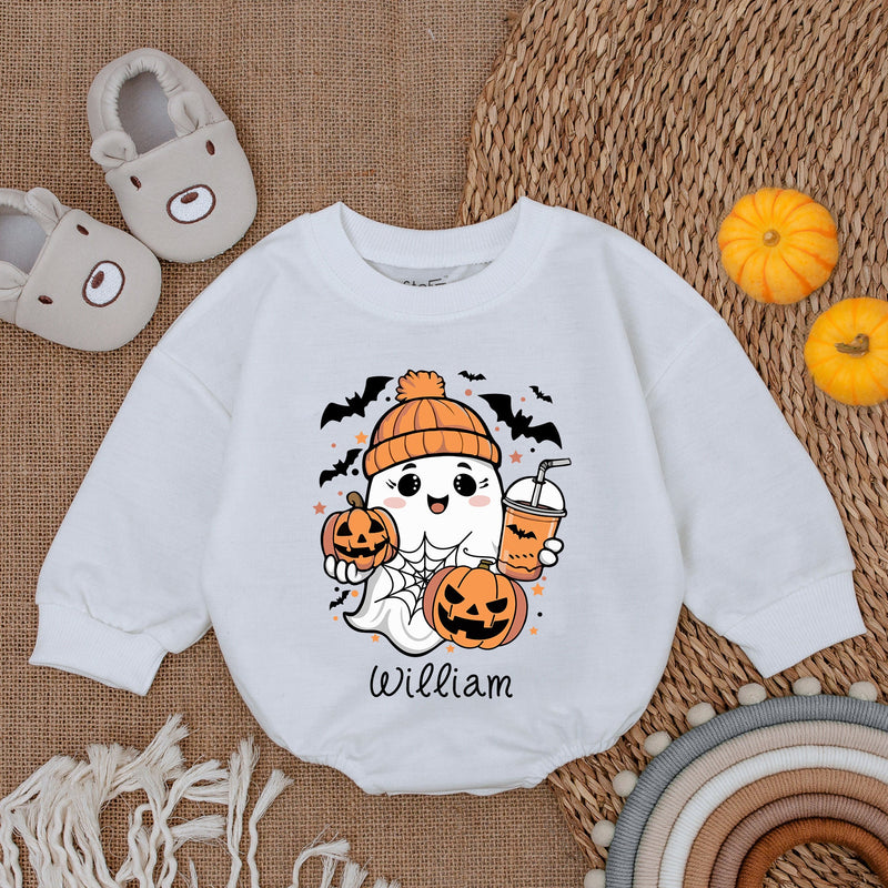 Custom Name Baby Ghost Romper Cozy Halloween Outfit with Pumpkin and Bats Cute Infant Holiday Gift Comfortable Cotton Romper