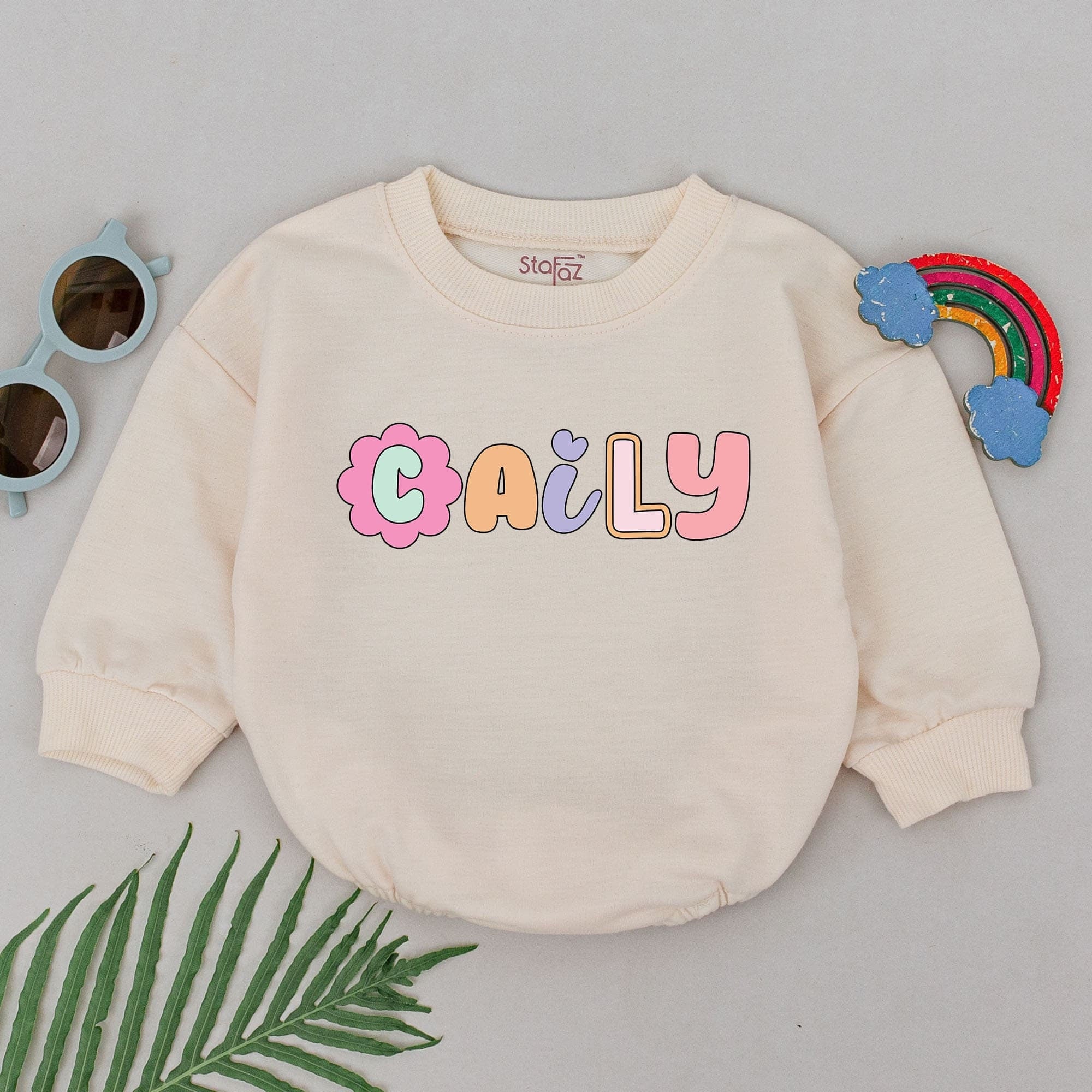 Custom Name Baby Romper Pastel Pink Yellow Whimsical Design Spring Birthday Outfit for Girls Soft Cotton Comfortable Playful Gift