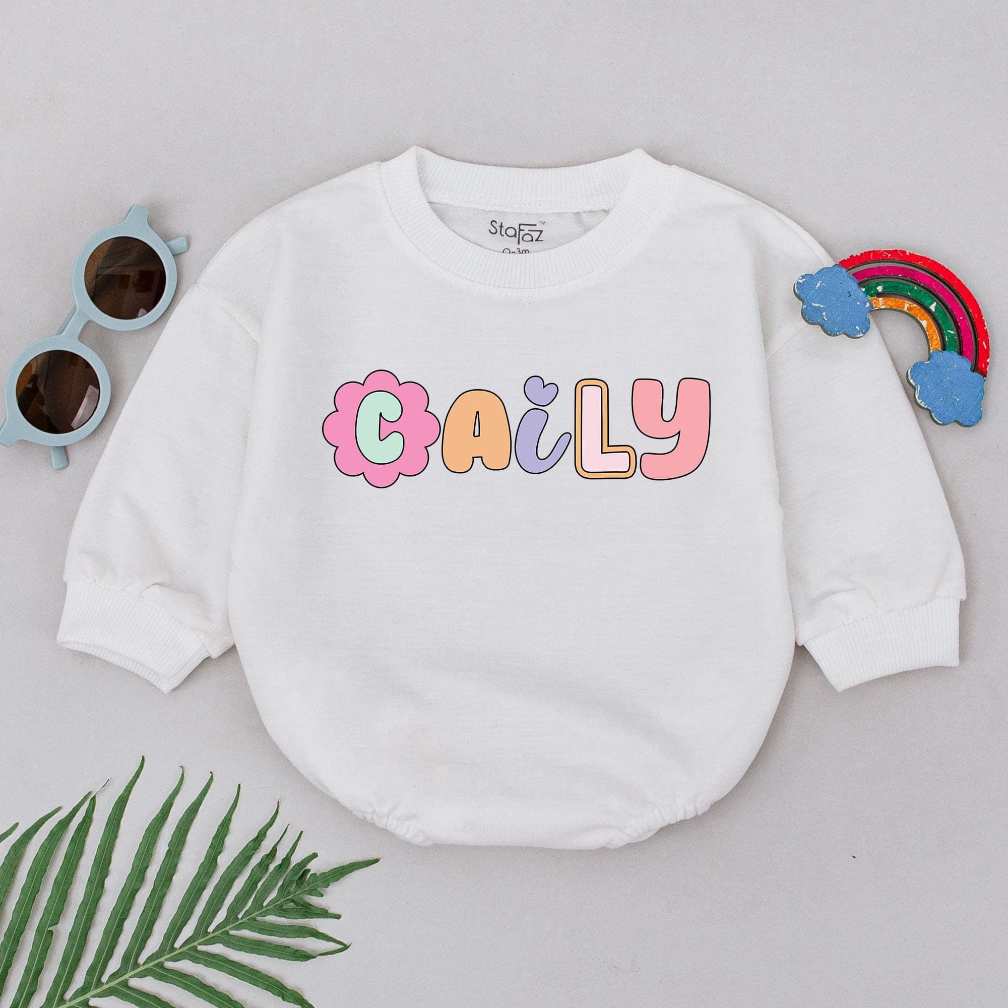 Custom Name Baby Romper Pastel Pink Yellow Whimsical Design Spring Birthday Outfit for Girls Soft Cotton Comfortable Playful Gift