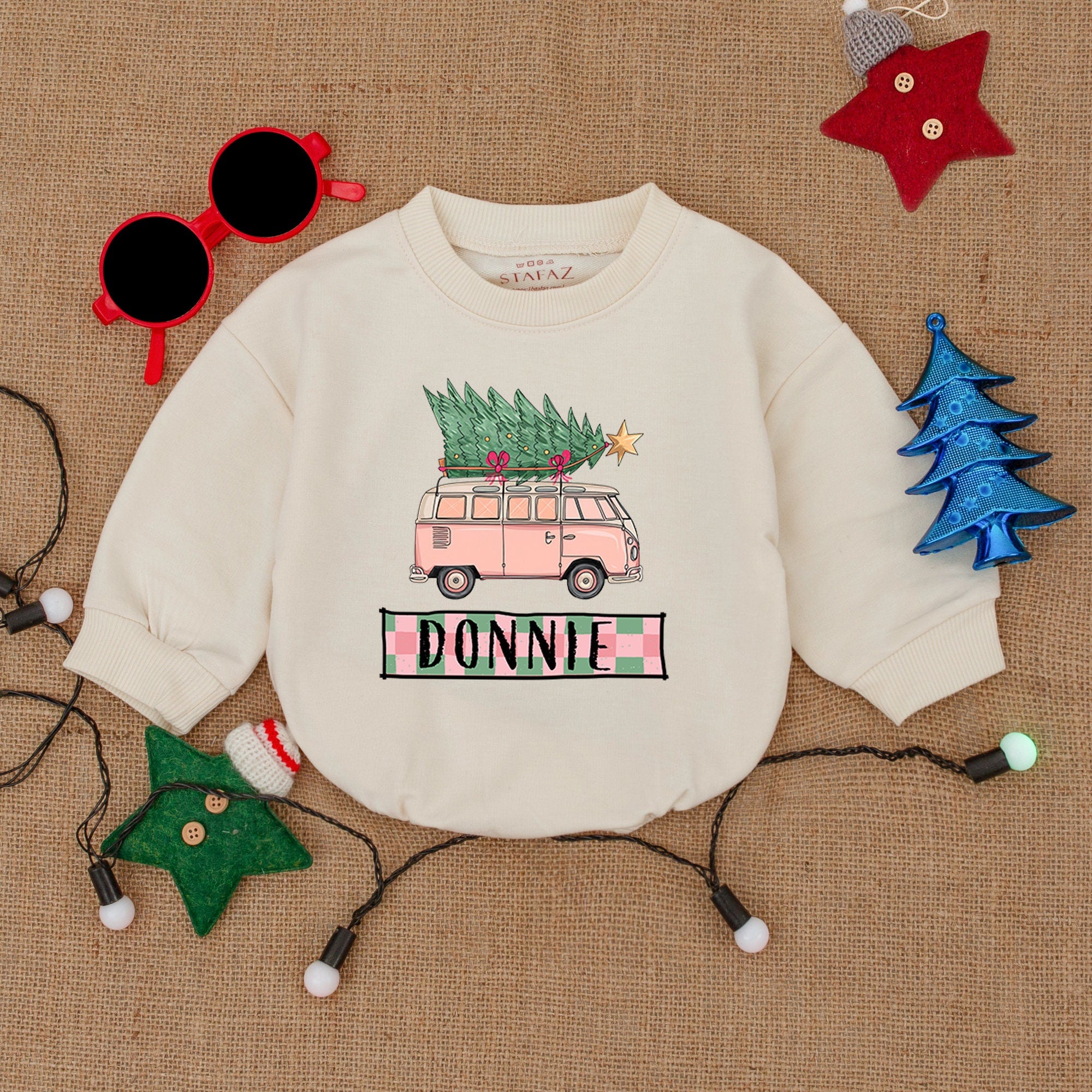 Custom Name Baby Romper with Vintage Van Holiday Design Soft Cotton Christmas Outfit Personalized Infant Gift