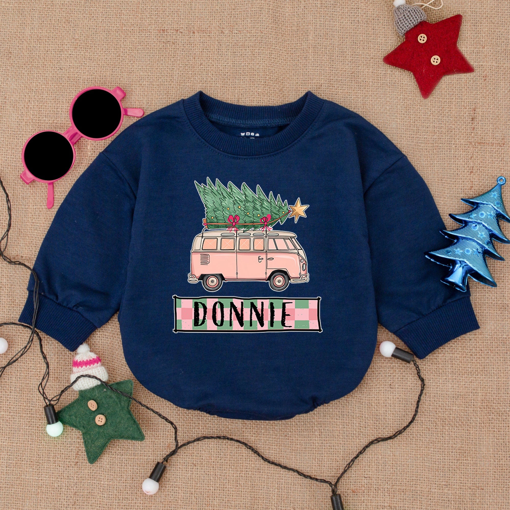 Custom Name Baby Romper with Vintage Van Holiday Design Soft Cotton Christmas Outfit Personalized Infant Gift