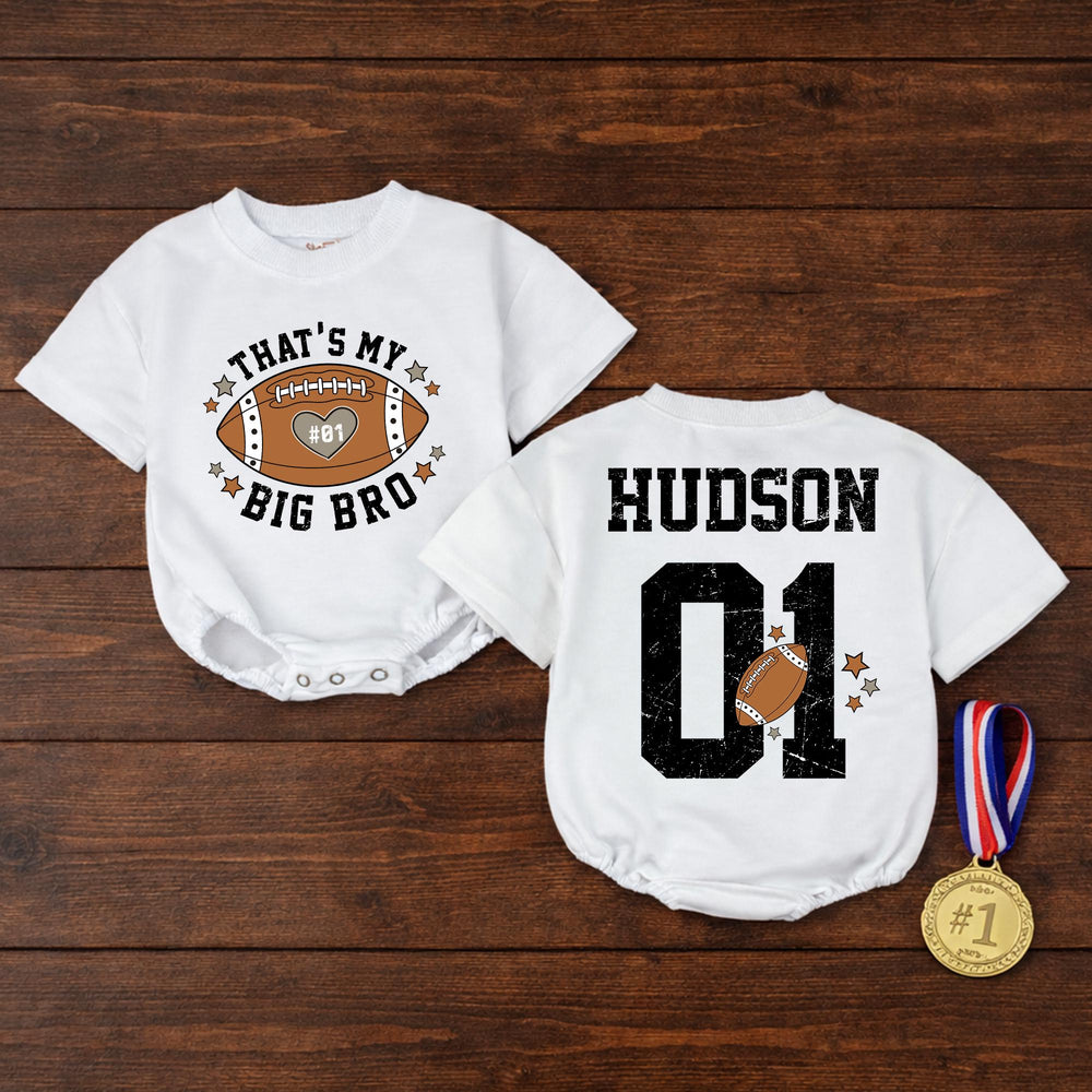 Custom Name Big Bro Football Romper Baby Outfit with Heart and #01 Design, Personalized Sports Jersey Style for Infant or Toddler Fans
