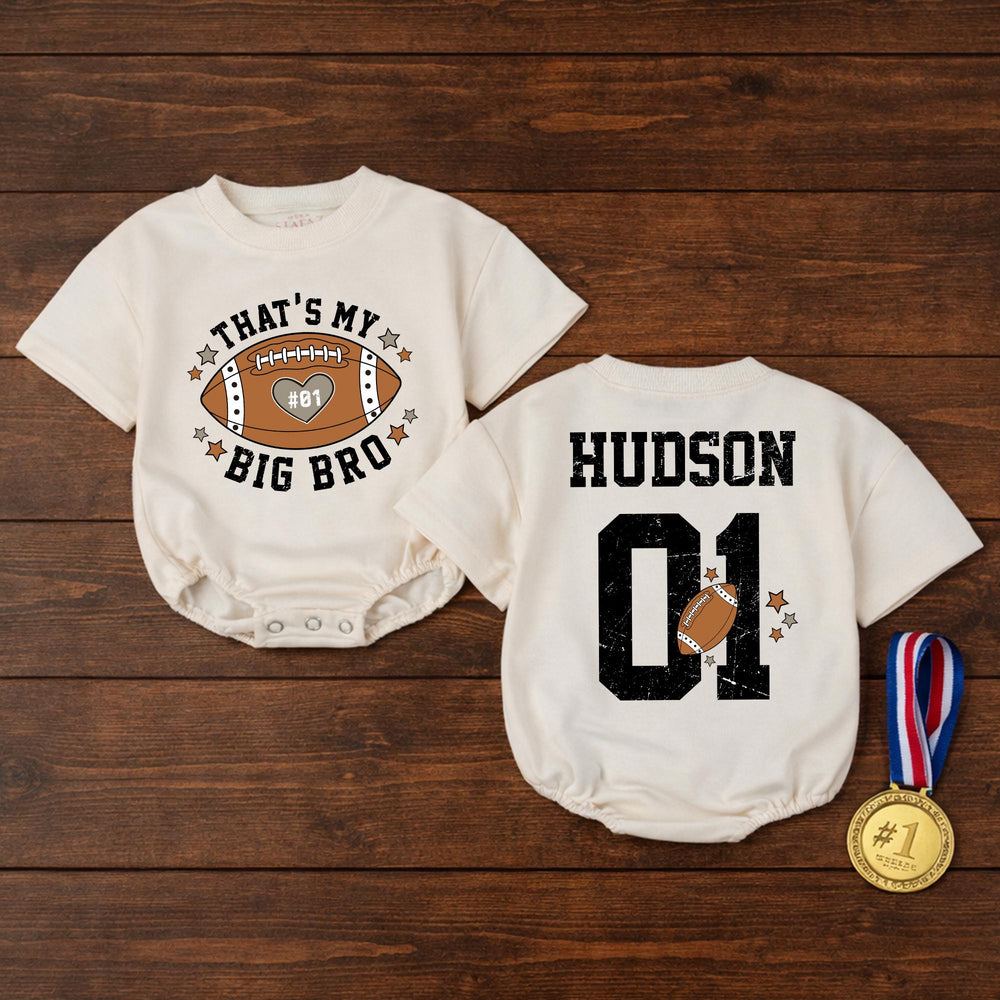 Custom Name Big Bro Football Romper Baby Outfit with Heart and #01 Design, Personalized Sports Jersey Style for Infant or Toddler Fans