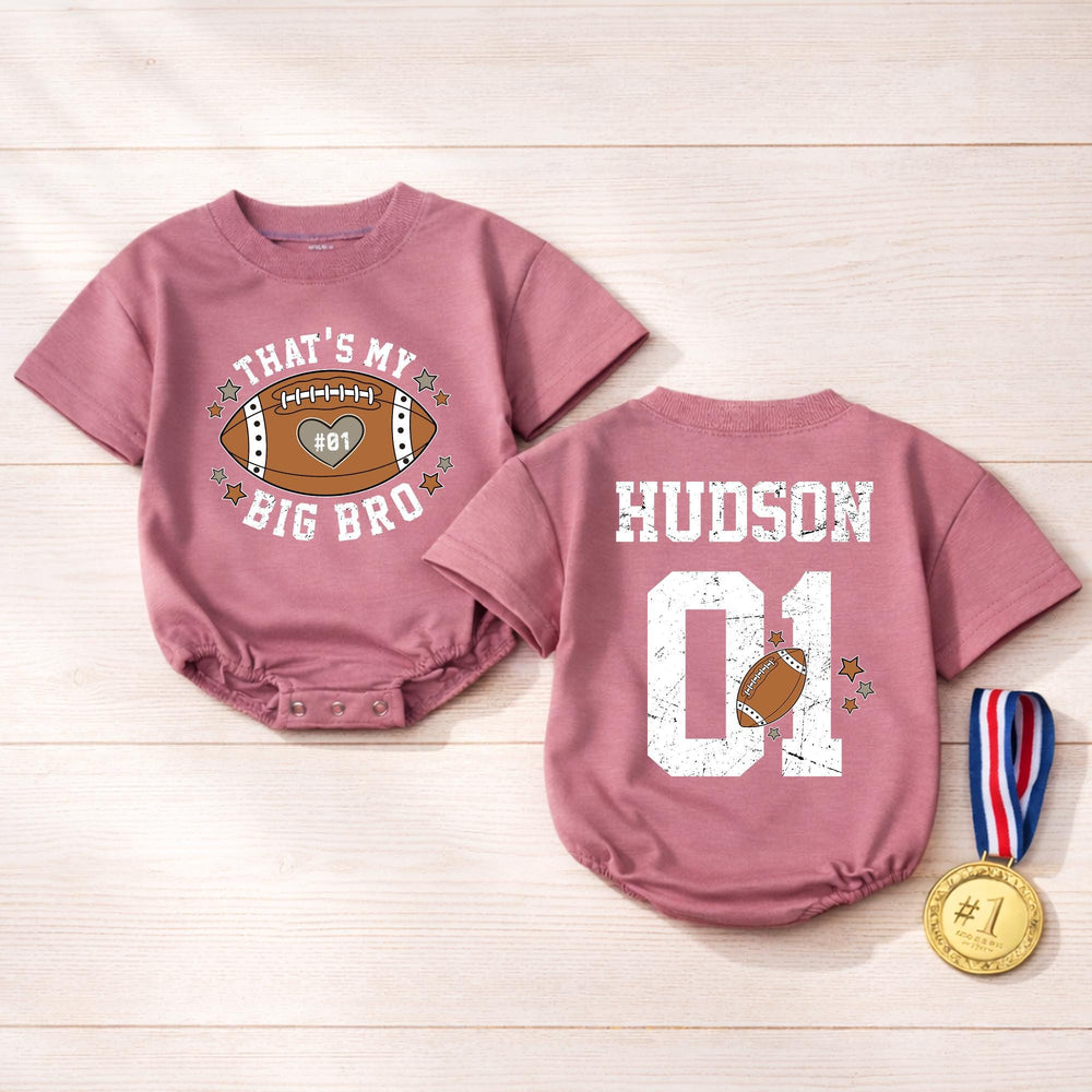 Custom Name Big Bro Football Romper Baby Outfit with Heart and #01 Design, Personalized Sports Jersey Style for Infant or Toddler Fans
