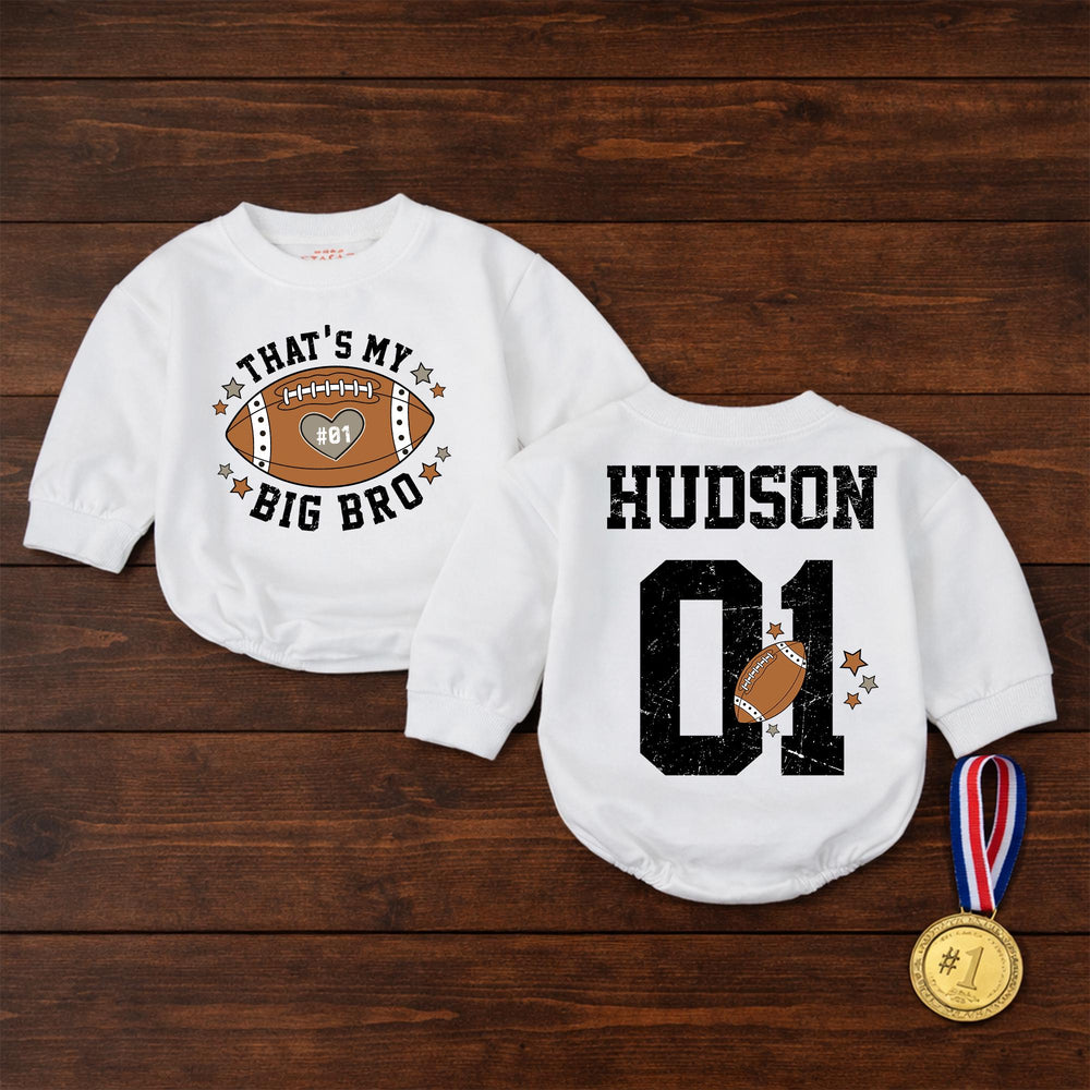 Custom Name Big Bro Football Romper Baby Outfit with Heart and #01 Design, Personalized Sports Jersey Style for Infant or Toddler Fans