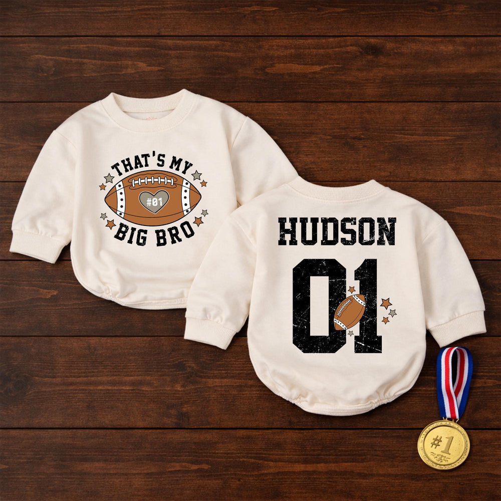 Custom Name Big Bro Football Romper Baby Outfit with Heart and #01 Design, Personalized Sports Jersey Style for Infant or Toddler Fans
