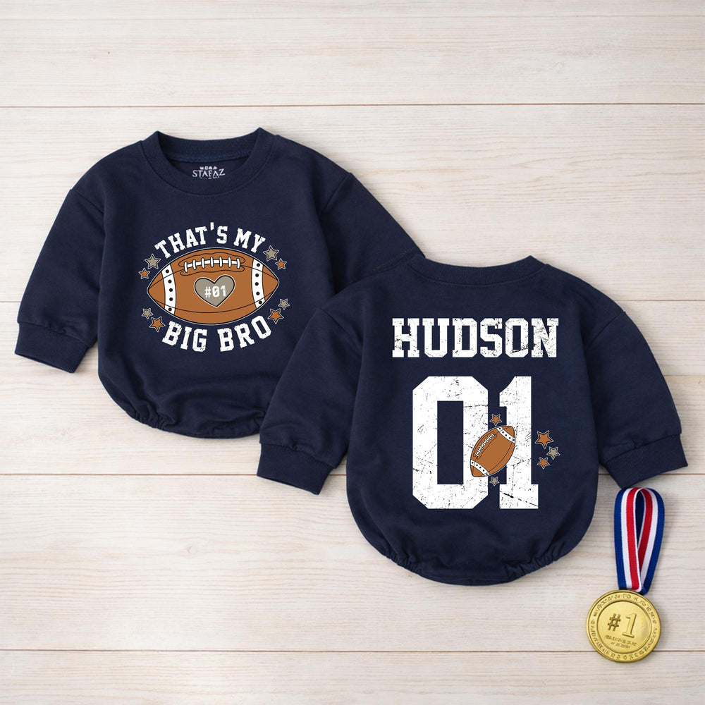 Custom Name Big Bro Football Romper Baby Outfit with Heart and #01 Design, Personalized Sports Jersey Style for Infant or Toddler Fans