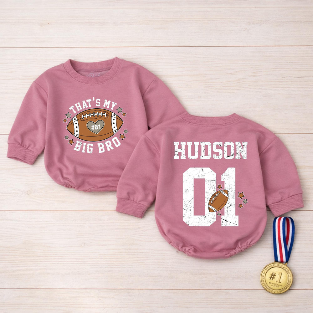 Custom Name Big Bro Football Romper Baby Outfit with Heart and #01 Design, Personalized Sports Jersey Style for Infant or Toddler Fans