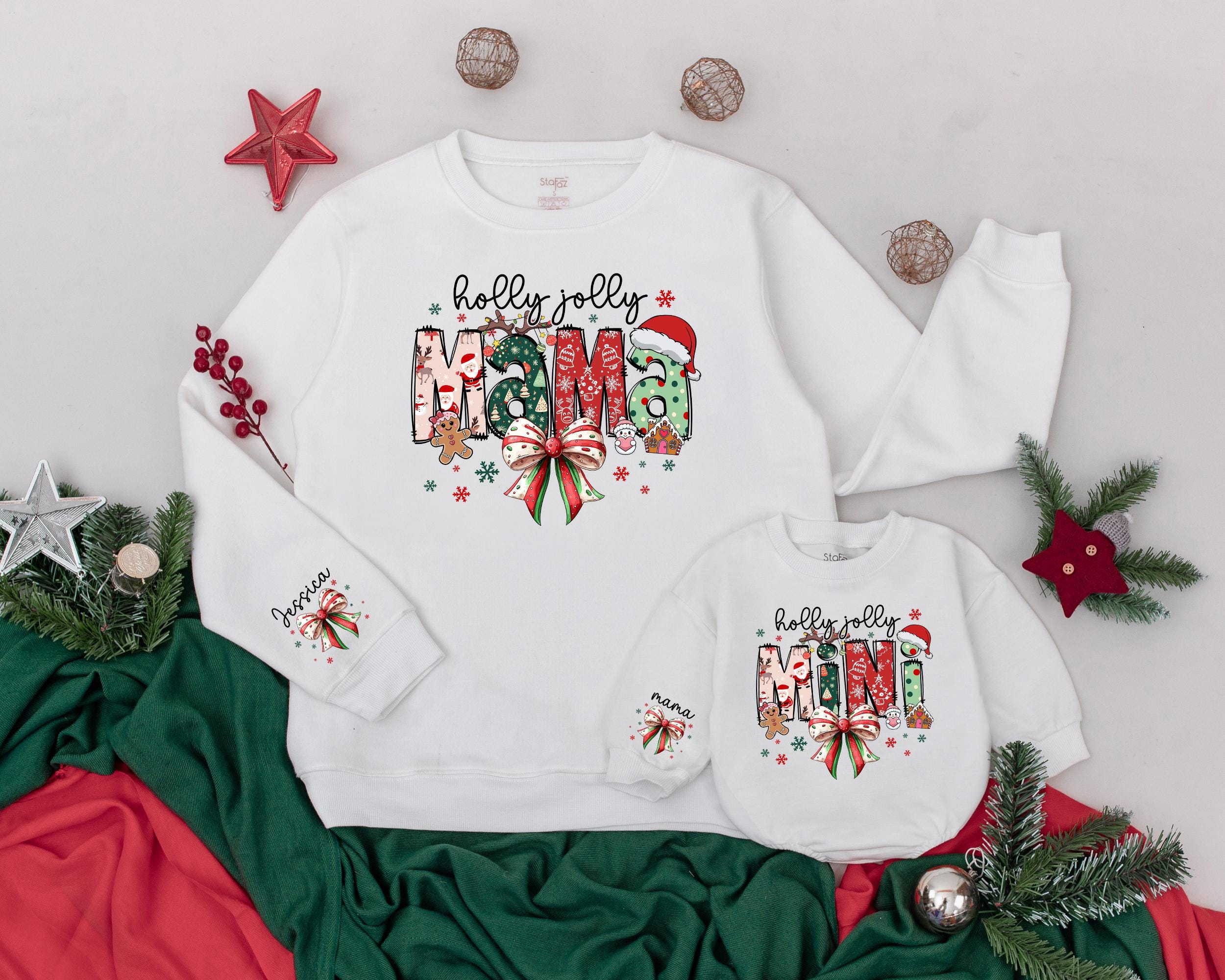 Custom Name Christmas Sweatshirt Matching Family Outfit Holly Jolly Mama and Mini Vintage Holiday Sweaters Soft Cotton Festive Apparel