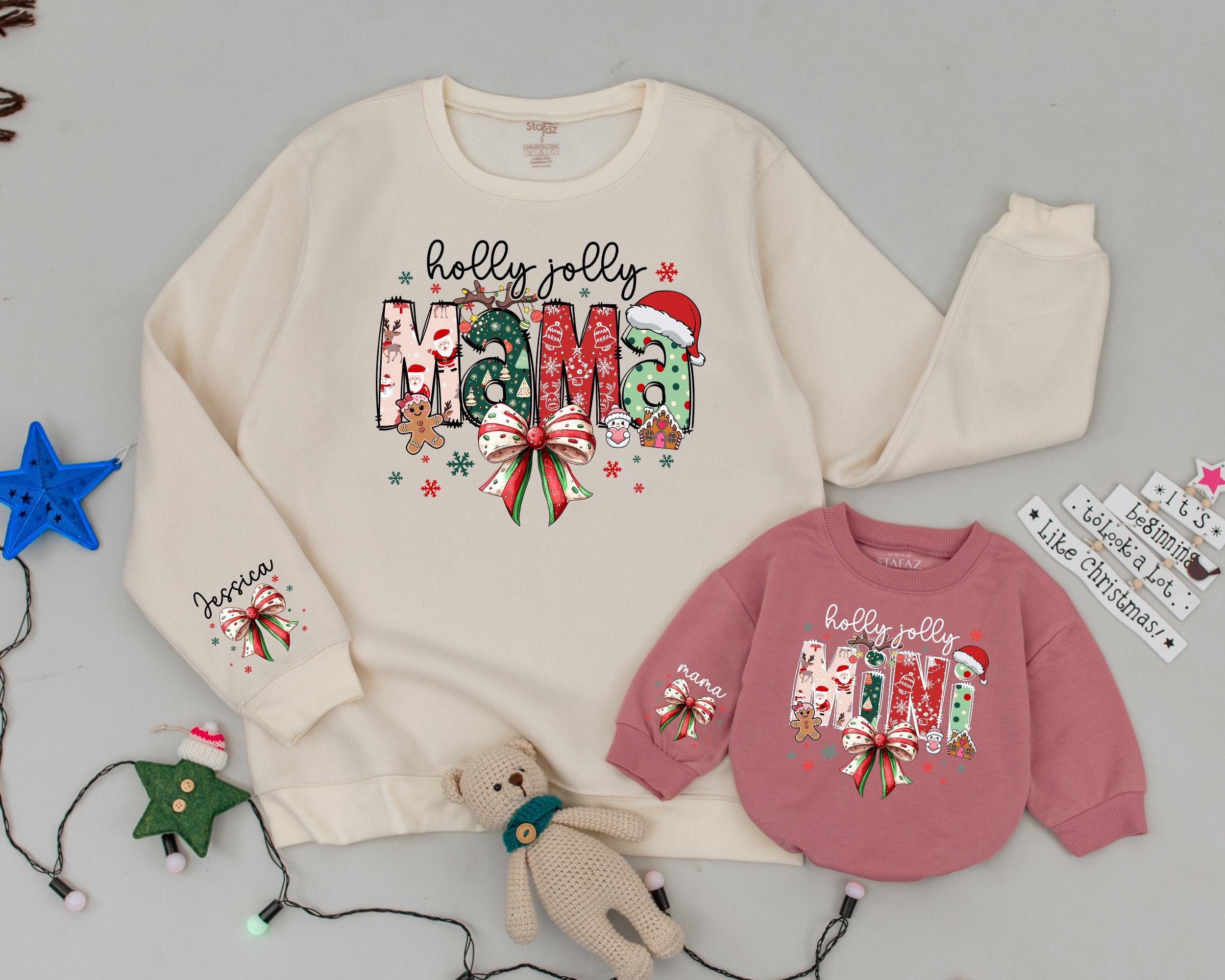 Custom Name Christmas Sweatshirt Matching Family Outfit Holly Jolly Mama and Mini Vintage Holiday Sweaters Soft Cotton Festive Apparel