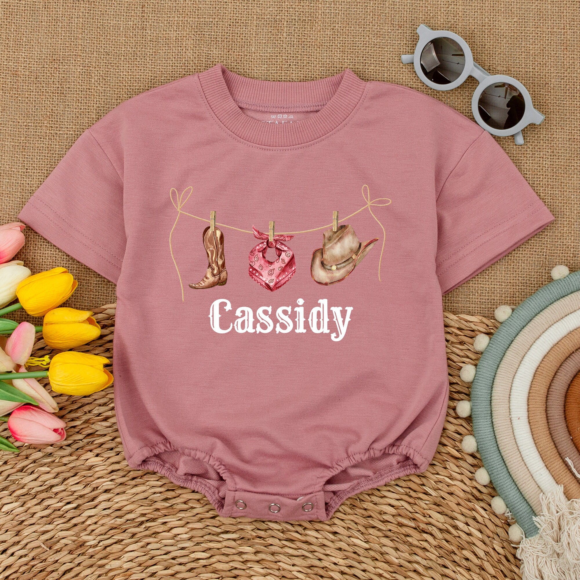 Custom Name Cowgirl Romper Soft Earthy Colors Boho Western Baby Gift Newborn Bubble Outfit Gender Neutral Personalized Baby Bodysuit