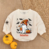 Custom Name Cute Ghost Halloween Baby Romper with Pumpkin and Beanie Soft Cotton Outfit Perfect Holiday Gift for Infant Party