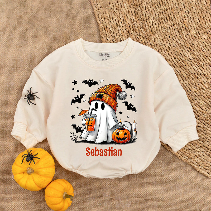 Custom Name Cute Ghost Halloween Baby Romper with Pumpkin and Beanie Soft Cotton Outfit Perfect Holiday Gift for Infant Party