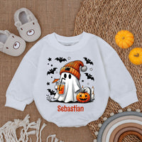 Custom Name Cute Ghost Halloween Baby Romper with Pumpkin and Beanie Soft Cotton Outfit Perfect Holiday Gift for Infant Party