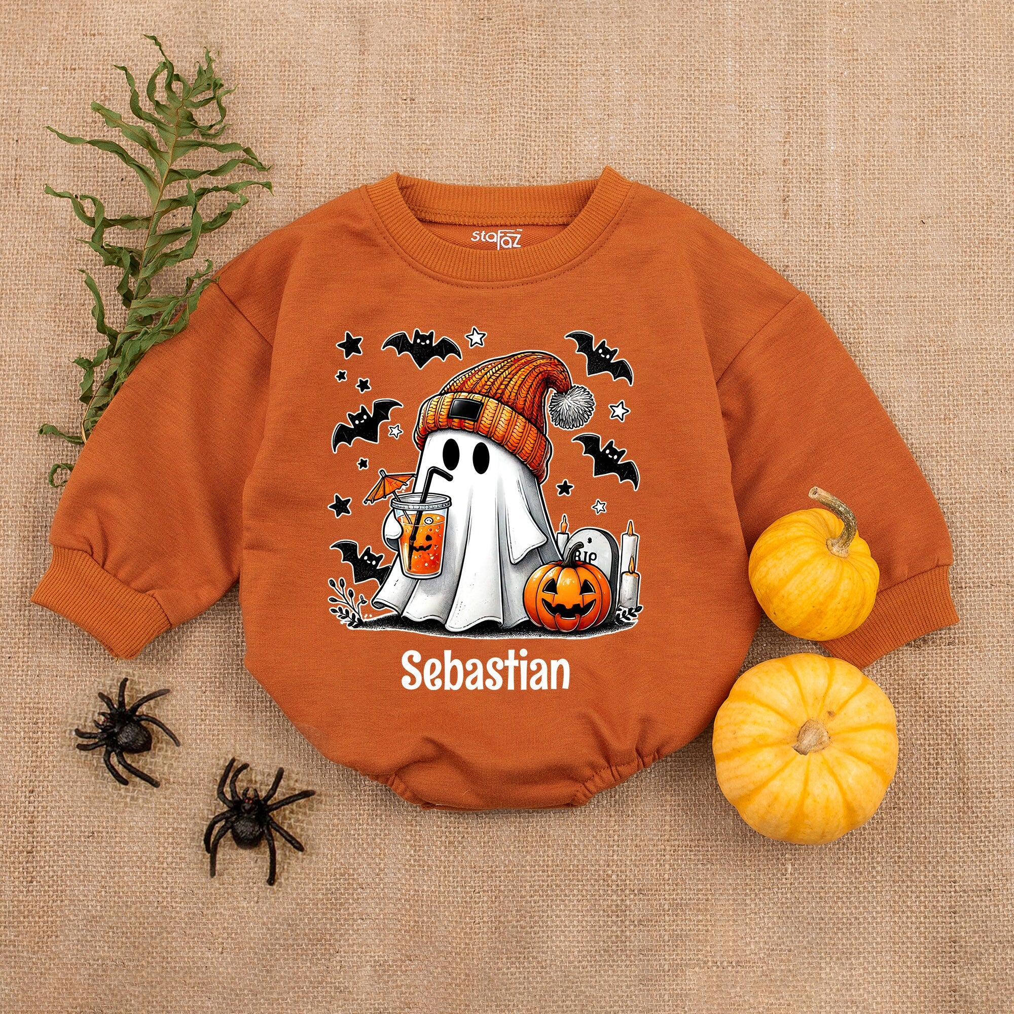 Custom Name Cute Ghost Halloween Baby Romper with Pumpkin and Beanie Soft Cotton Outfit Perfect Holiday Gift for Infant Party