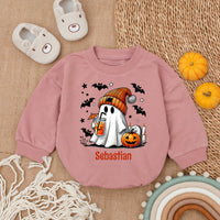 Custom Name Cute Ghost Halloween Baby Romper with Pumpkin and Beanie Soft Cotton Outfit Perfect Holiday Gift for Infant Party