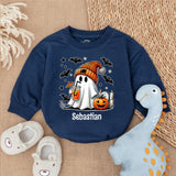 Custom Name Cute Ghost Halloween Baby Romper with Pumpkin and Beanie Soft Cotton Outfit Perfect Holiday Gift for Infant Party
