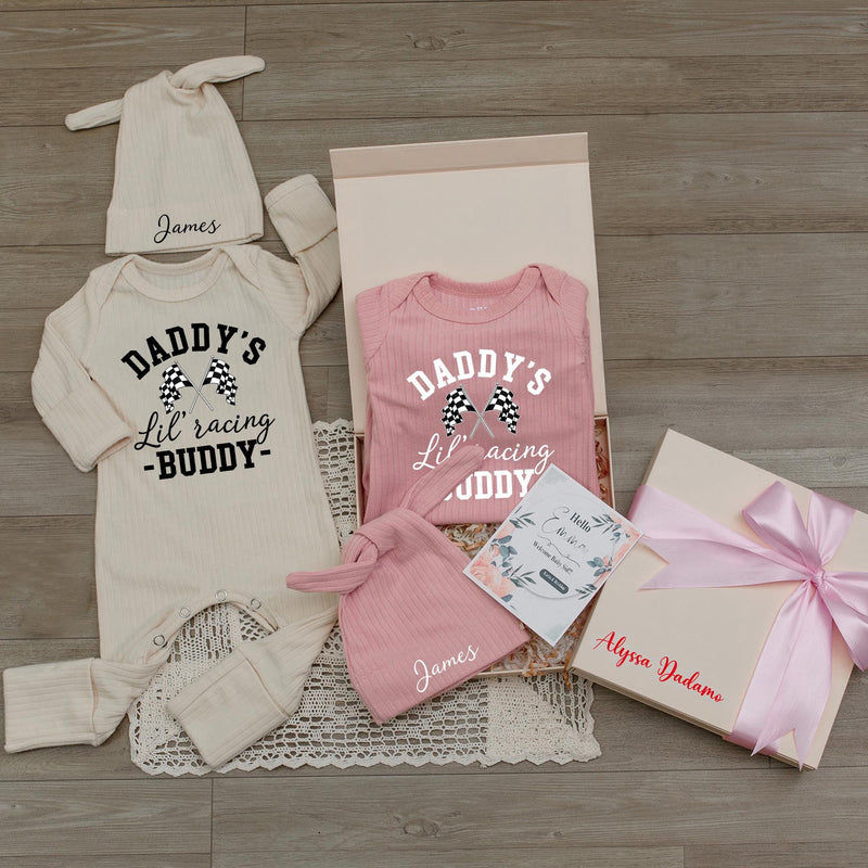 Custom Name Daddy's Lil' Racing Buddy Baby Bodysuit with Checkered Flags, Racing Dad Gift, Soft Cotton Baby Shower or Newborn Announcement