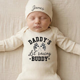 Custom Name Daddy's Lil' Racing Buddy Baby Bodysuit with Checkered Flags, Racing Dad Gift, Soft Cotton Baby Shower or Newborn Announcement