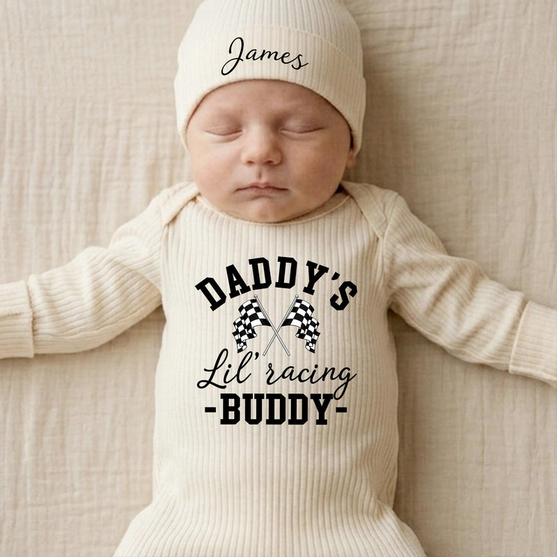 Custom Name Daddy's Lil' Racing Buddy Baby Bodysuit with Checkered Flags, Racing Dad Gift, Soft Cotton Baby Shower or Newborn Announcement