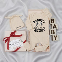 Custom Name Daddy's Lil' Racing Buddy Baby Bodysuit with Checkered Flags, Racing Dad Gift, Soft Cotton Baby Shower or Newborn Announcement