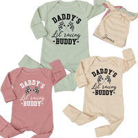 Custom Name Daddy's Lil' Racing Buddy Baby Bodysuit with Checkered Flags, Racing Dad Gift, Soft Cotton Baby Shower or Newborn Announcement