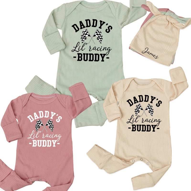 Custom Name Daddy's Lil' Racing Buddy Baby Bodysuit with Checkered Flags, Racing Dad Gift, Soft Cotton Baby Shower or Newborn Announcement