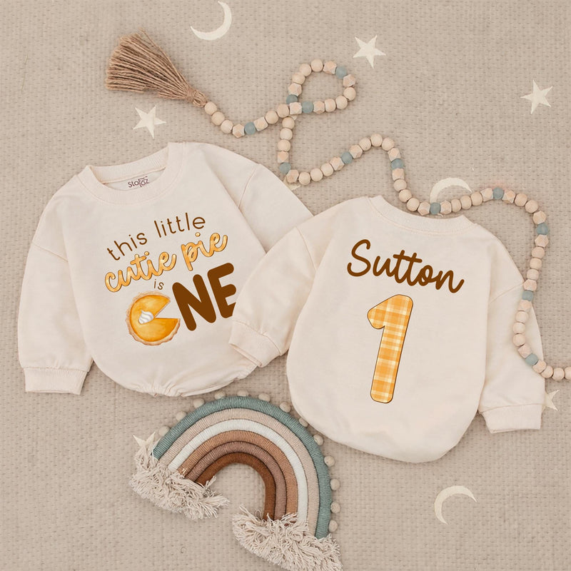 Custom Name Fall Birthday Baby Romper with Pumpkin Pie Design Soft Cotton Outfit for First Thanksgiving or 1st Birthday Party Celebration
