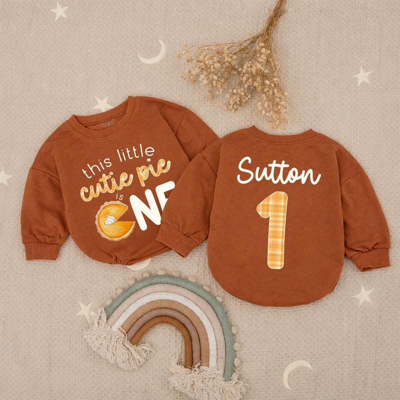 Custom Name Fall Birthday Baby Romper with Pumpkin Pie Design Soft Cotton Outfit for First Thanksgiving or 1st Birthday Party Celebration
