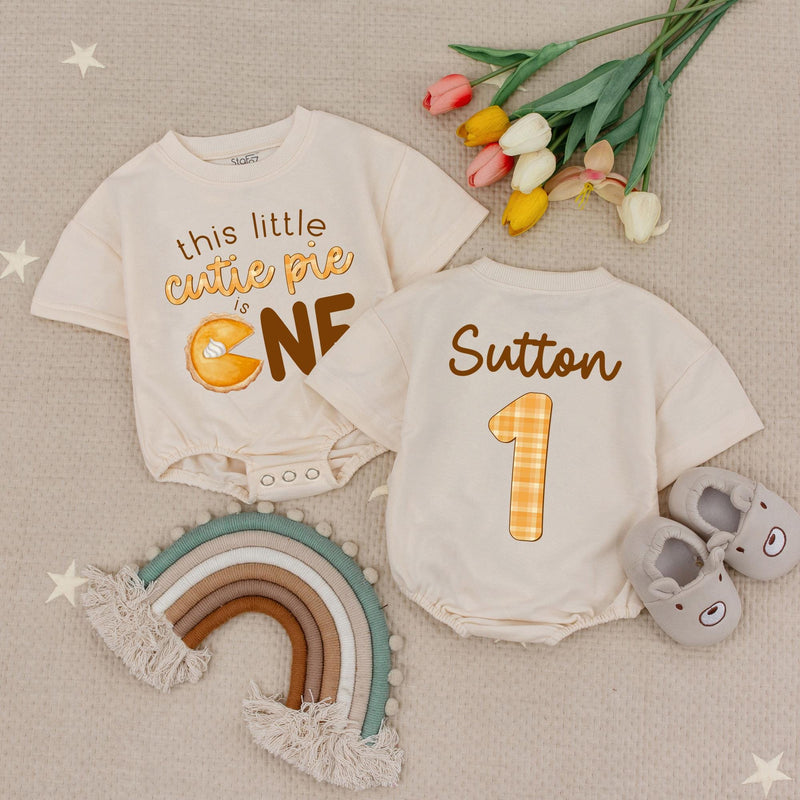 Custom Name Fall Birthday Baby Romper with Pumpkin Pie Design Soft Cotton Outfit for First Thanksgiving or 1st Birthday Party Celebration