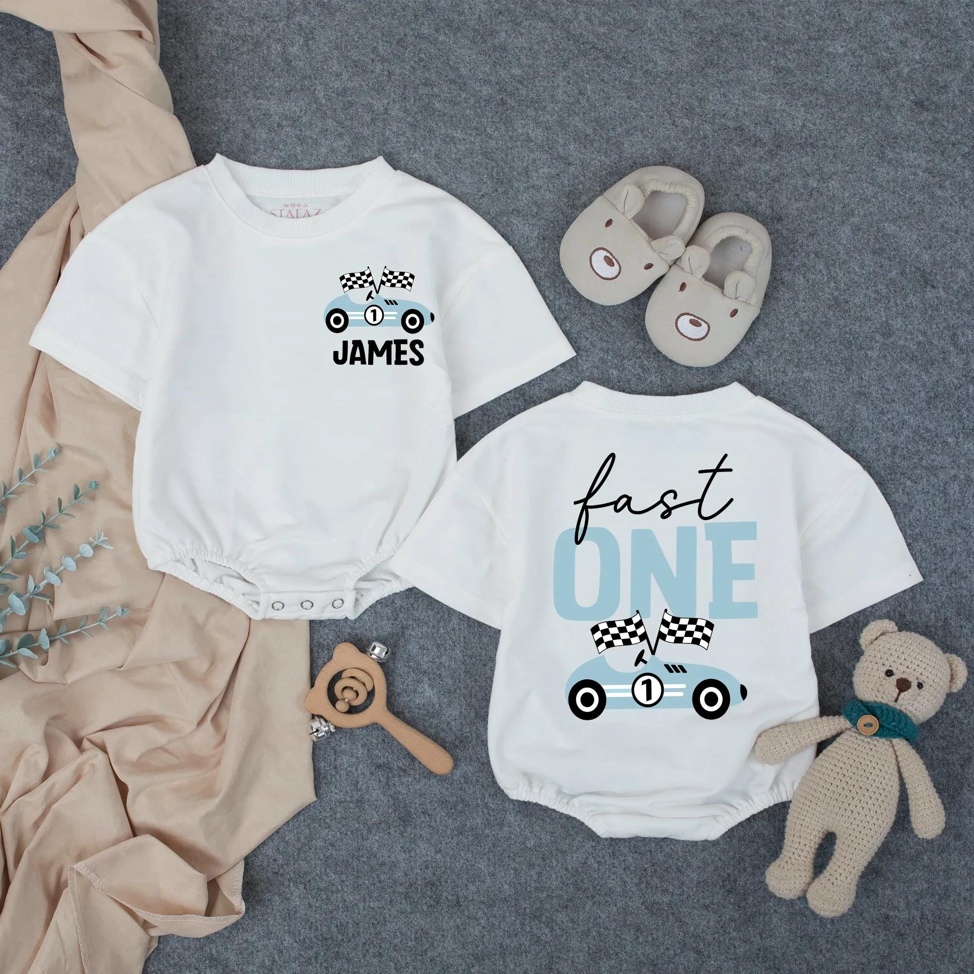 Custom Name Fast One Birthday Romper with Light Blue Race Car Checkered Flag Design First Birthday Baby Outfit Toddler Boy Bodysuit