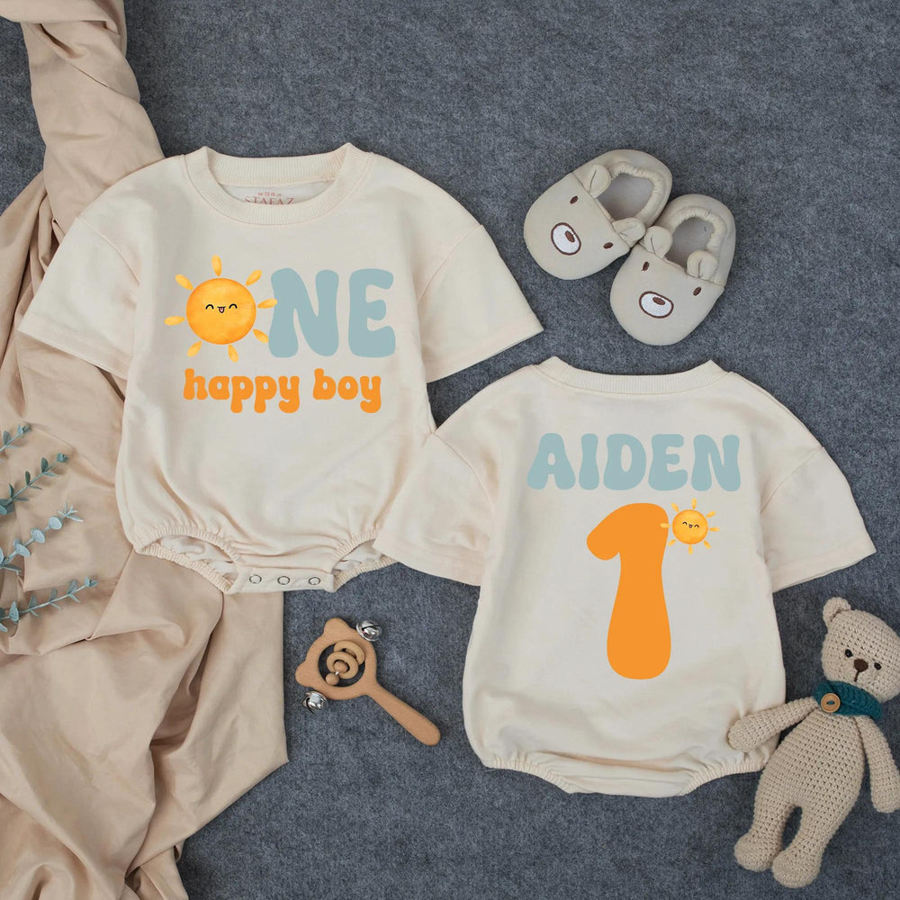 Custom Name First Birthday Romper with Smiling Sun Design, One Happy Boy Outfit in Retro Colors, Soft Baby Bodysuit Gift for 1st Party